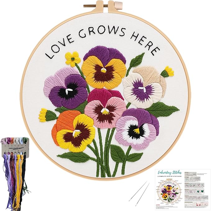 Nuberlic Pansy Flower Embroidery Kit for Beginners Cross Stitch Kits- Complete Starter Set with Hoop, Pre-Printed Fabric, Threads & Needles