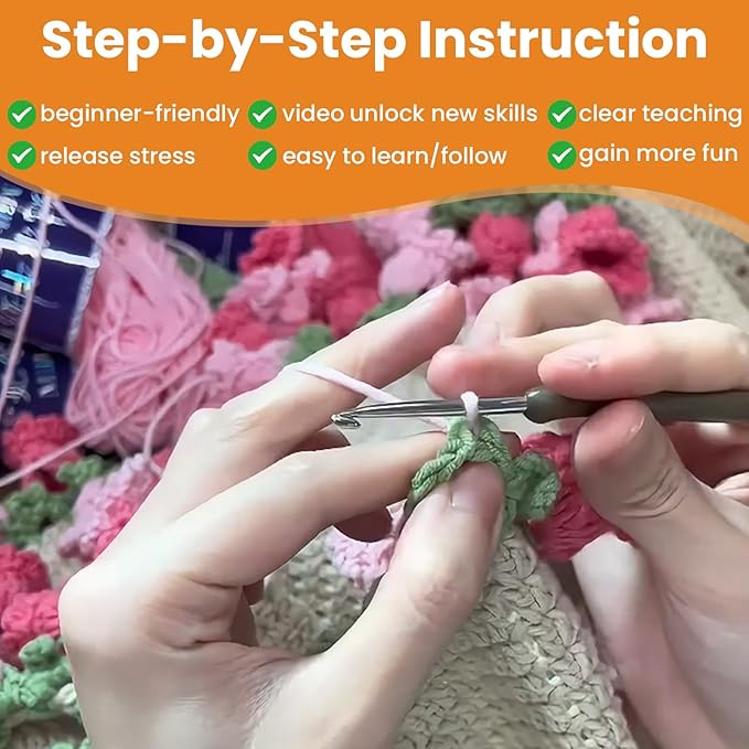 THMINS Beginner Crochet Kit – DIY Floral Blanket with Hook, Pattern & Step-by-Step Video Tutorial, Easy Craft Gift for Women, Christmas/Birthday