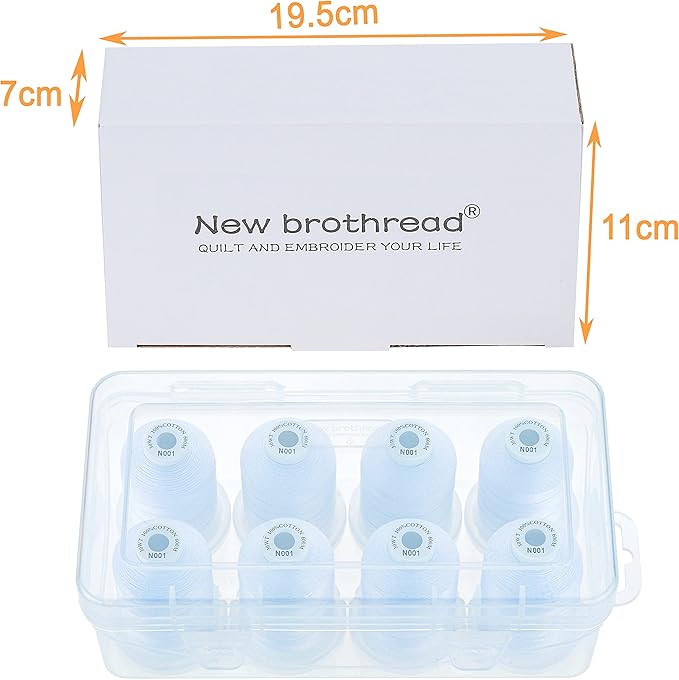New brothread - 18 Options - Multi-Purpose 100% Mercerized Cotton Thread 50S/3 600M Each Spool for Quilting, Serger, Sewing and Embroidery - 8xWhite with Clear Plastic Storage Box