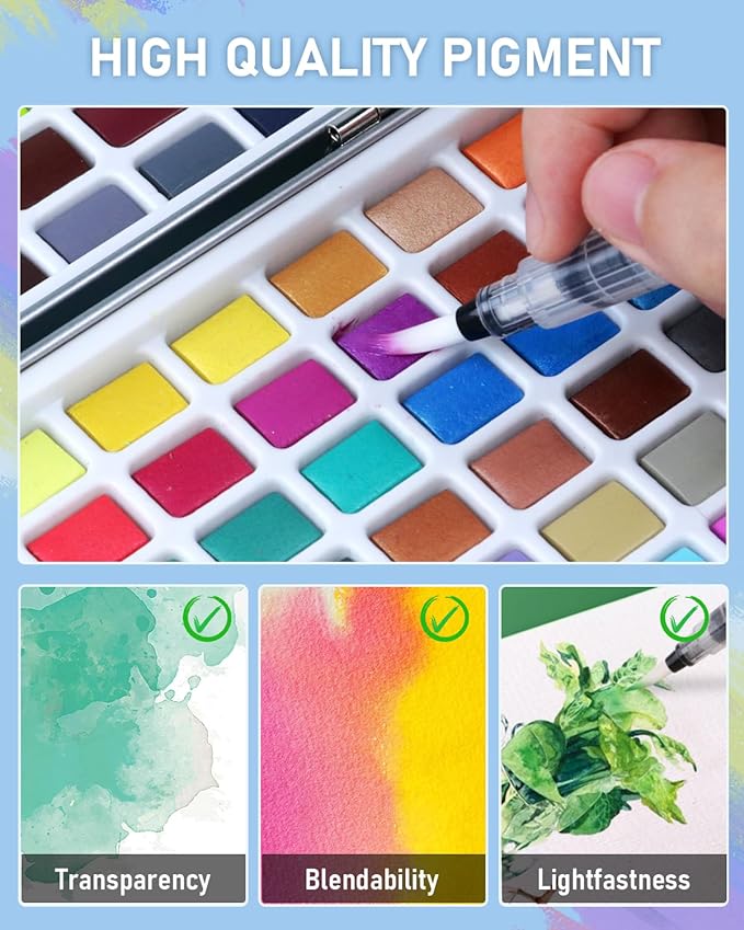 nicpro 168 colors watercolor paint set include metallic macaron candy fluorescent, 8 synthetic squirrel painting brushes, 25 water color paper, palette, art supplies kit for artist adult beginner with box