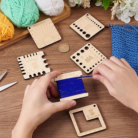 BENECREAT 6 Styles Wood Knitting Gauge Rulers, Square Crochet Hook and Yarn Wrap Guide Board Knitting Tool for Knitting Needle Spinners Yarn Measuring Crochet