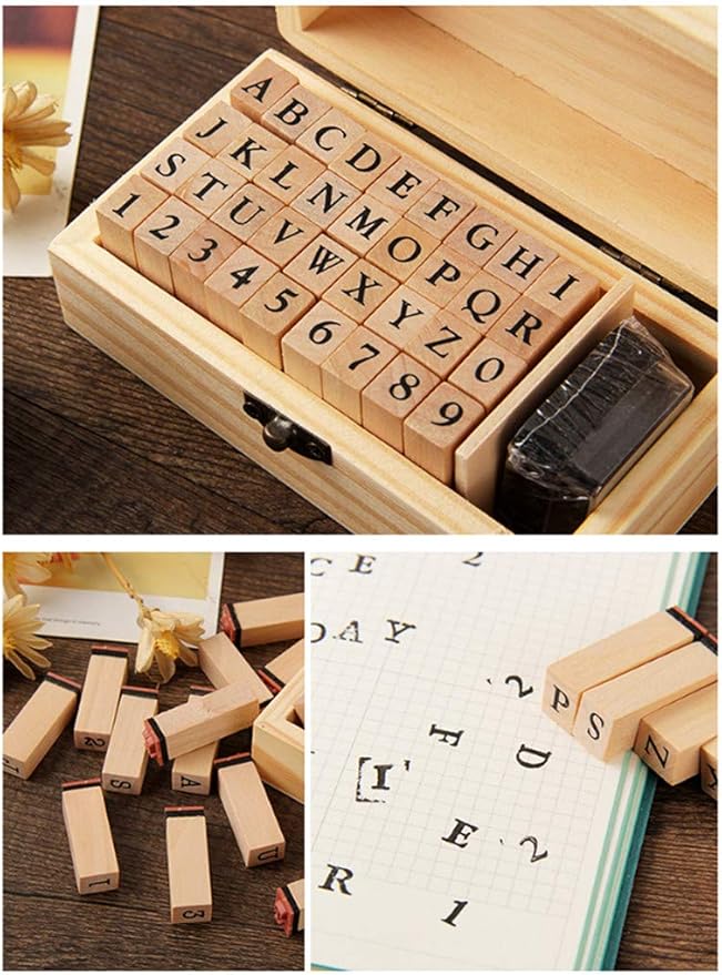 Alphabet Stamps Set,Vintage Wooden Rubber A-Z Letters and Numbers Diary Stamp Kit for Children DIY Scrapbooking Planner Card Making(36pcs)