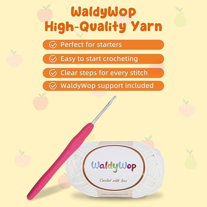 WaldyWop Crochet Kit for Beginners: 3PCS Fruit Squishies Knitting Kits, DIY Craft Kits for Adults w/Video Tutorials & Soft Yarn, Hook - Hobbies Starter Kit for Girls (13+, Birthday Gifts Set for Women