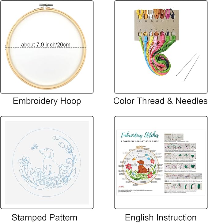 Louise Maelys Dog Embroidery Kits for Beginners with Floral Pattern,Cross Stitch Kit for Adults DIY Needlepoint with Embroidery Instructions