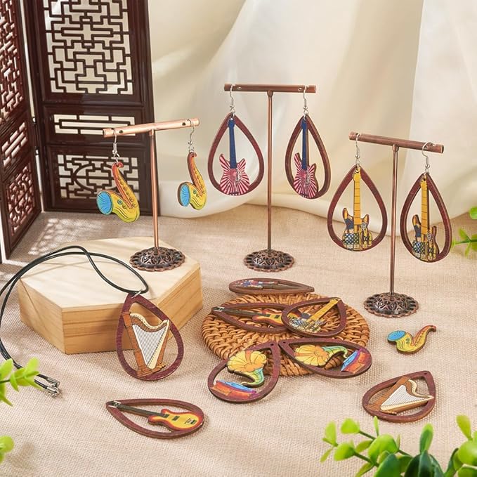 40pcs Wooden Earring Charms Big Flat Teardrop Printed Wood Musical Instrument Pendants Hollow Wood Cutouts for Necklace Keychain DIY Jewelry Craft Making