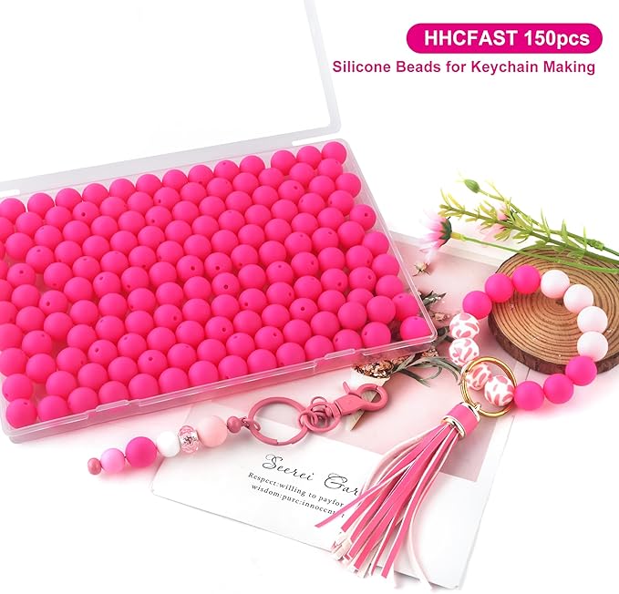 150Pcs 15mm Silicone Beads for Keychain Making Bracelet Necklace, Bulk Round Silicone Beads for Pens（Hot Pink）