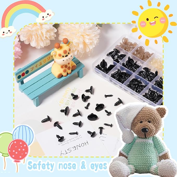 Zhbrchz 272pcs Plastic Safety Eyes and Noses 5 Sizes Black Craft Oval Nose Eyes with Washers for Amigurumi Crochet Bears Puppet Stuffed Animals Doll Making