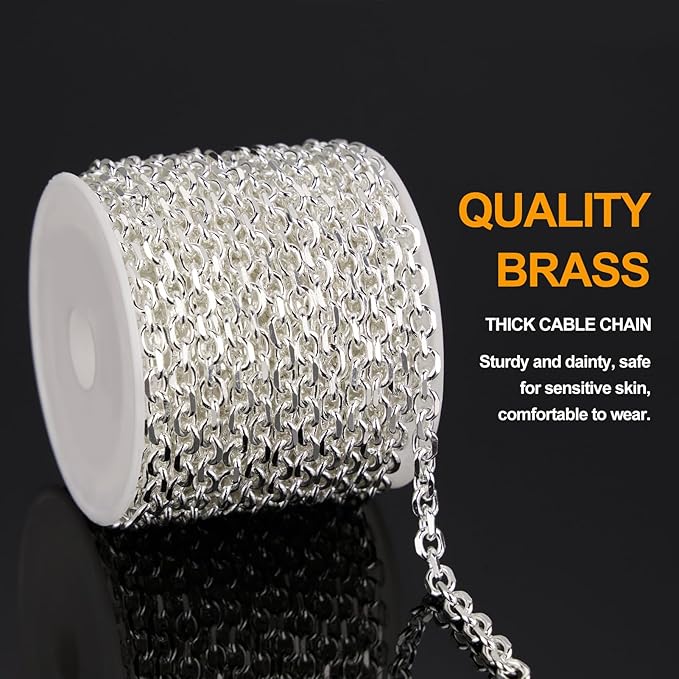 KYUNHOO 16.4 Feet Silver Jewelry Making Chains Bulk on Spool Oval Cable Chain Links for Women Men DIY Crafts with Jump Rings Lobster Clasps Supplies