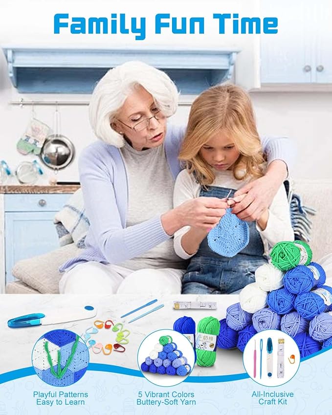 Arborthread Crochet Kit for Beginners, Granny Squares Blanket Knitting Kit w/Step-by-Step Video & Printed Guides for Adults, Kid-Friendly Patterns