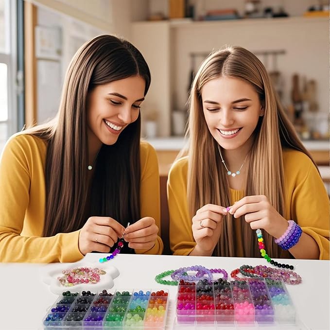LIS HEGENSA 8MM 48Color Glass Beads for Bracelet Making Kit, 1700pcs+ Round Crystal Glass Beads Jewelry Making Kits, Bead Starter Kit for DIY Crafts,Friendship Bracelets (48Color(1700PCS))