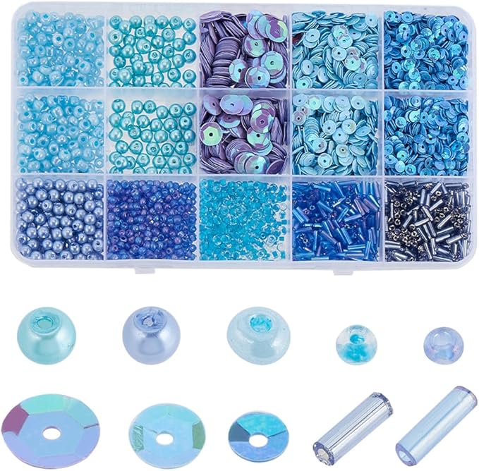 SUNNYCLUE Bead and Sequin Kit Glass Pearls Blue Seed Bead Plastic Paillette Glass Bugle Loose Spacers for Jewelry Making Necklace Bracelet Earrings Beading Craft DIY Supplies