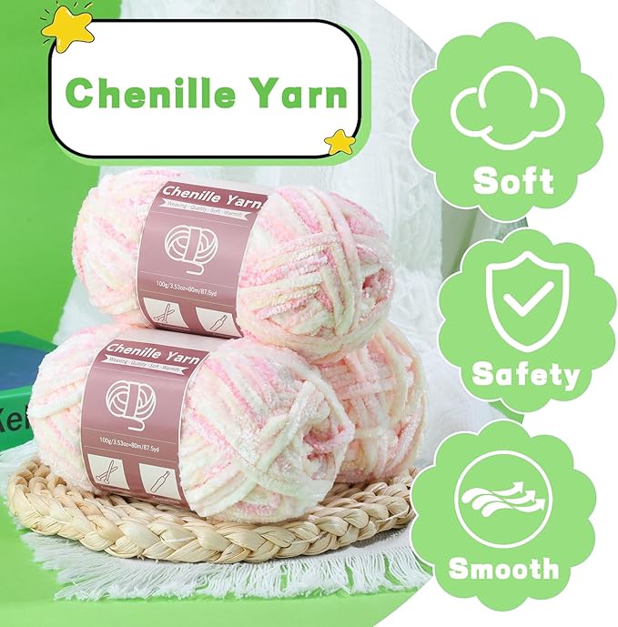 LUNARM Chenille Yarn for Crocheting Knitting, 3 Skein 10.58 oz / 263 Yard Thick Soft Chunky Fluffy Weaving Plush Yarn for Blankets Clothes Pattern with Big Eye Needles(Peach Pink Gradient)