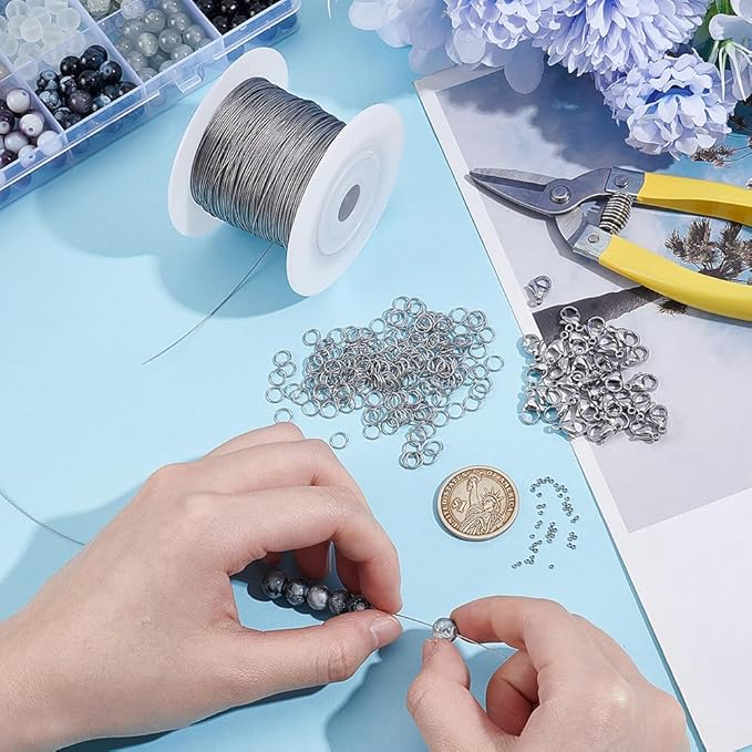 AHANDMAKER Jewelry Making and Repair Supplies Kit, Includes 304 Stainless Steel Spacer Beads, Lobster Claw Clasps, Jump Ring and Tiger Tail Wire, Jewelry Making Kit for DIY Bracelet Pendant, Earrings