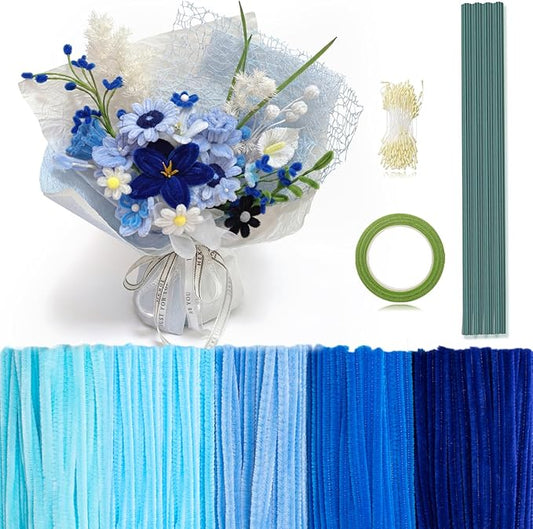 Peryiter 371 Pipe Cleaners Flowers Set, Mixed Colors Chenille Stems Bulk with Floral Wires, Gardening Tape, Stamen for DIY Flower Making Kit, Gift Idea for Mother's Day(Blue)