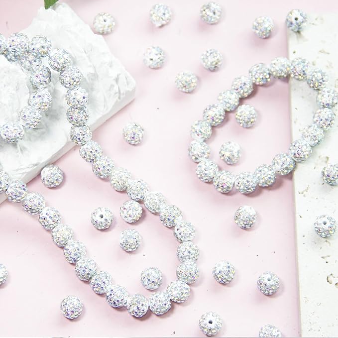 200 Pcs 10mm Rhinestone Beads for Jewelry Making, White AB Shiny Round Shamballa Disco Baseball Necklace Beads Sparkle Crystal Clay Pave Rhinestones Bead for DIY Bracelet Earring Craft Making Supplies