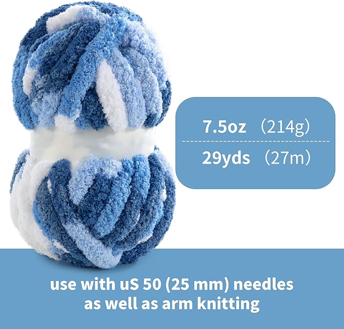 HOMBYS Chunky Tie Dye Mix Chenille Yarn for Hand Knitting, Super Bulky Jumbo Yarn for Crocheting, 3/4" Thick Soft Plush Yarn for Blankets, 8 Skein Pack (26 yds / 7.5 oz Each) Blue, White