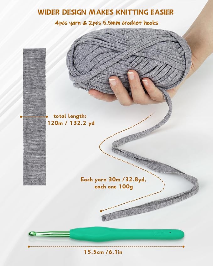 Katech 400g T-Shirt Yarn for Crocheting & Knitting, 130 Yards Elastic Fabric, Spaghetti Yarn for DIY Projects w/ 2pcs Crochet Hooks (Grey)