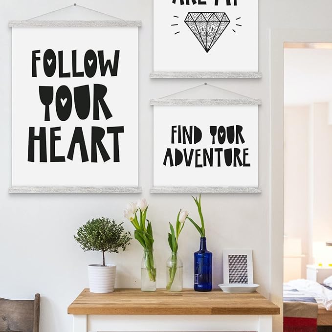 Magnetic Poster Hanger, 18x24 18x12 18x24 Poster Frame Wood Wooden Magnet Print Posters Dowel Scroll Hanger Hangers Hanging Kit for Walls Map Canvas Artwork (Grey, 18")