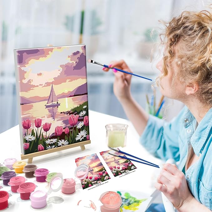 ATDMS Paint by Numbers Kit for Adults Flowers Paint by Number with Frame Sailboat Paint by Number with Easel Sunset Adults Paint by Number Kits Framed Canvas for Gift Home Wall Decor 8x12 Inch