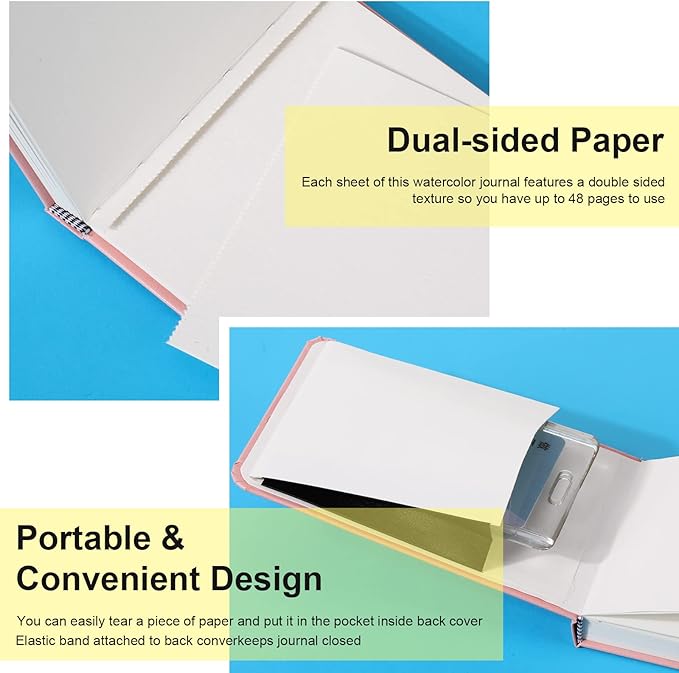 Teling 2 Pcs Watercolor Sketchbook with 3 Brush Pens 5.5" x 3.7", 140lb/300gsm Paper, Small Portable Travel Watercolor Journal, Pocket Notebook with Folding Pockets, Tear Away Pages with Dotted Line