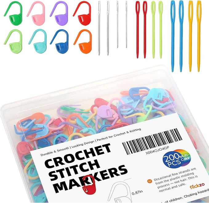 200PCS Crochet Stitch Markers with 12 Needles by Flickzo – Locking Stitch Markers with Clear Case, Colorful Plastic Safety Pins for Knitting & Crochet Accessories Supplies