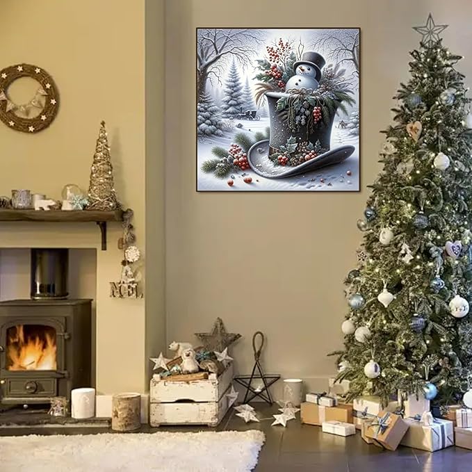 Christmas Diamond Painting Kits for Adult, Xmas Snowman Hat Forest Diamond Art Kits for Beginner, 5D DIY Full Drill Winter Holiday Rhinestone Diamond Dots Gem Painting Art Craft Home Decor 14 x14 Inch