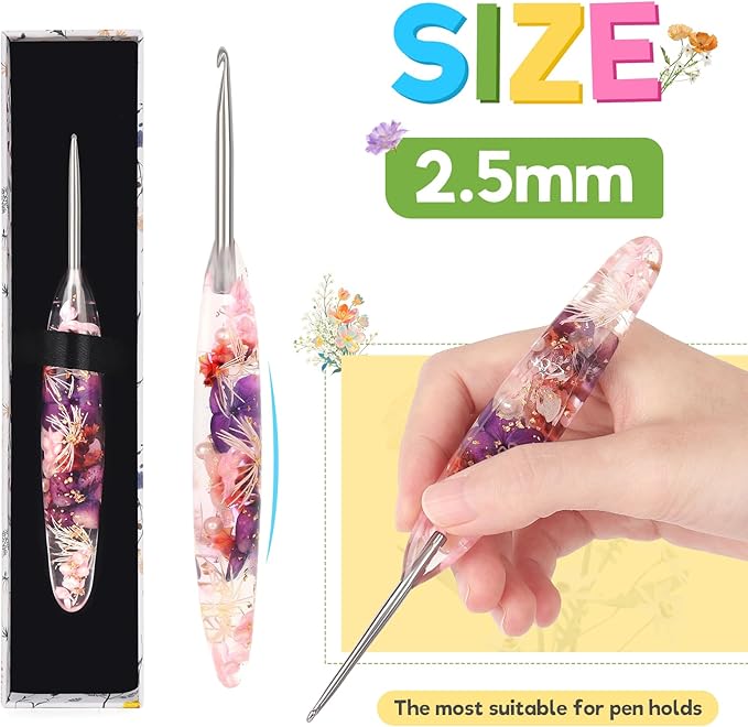 Katech 2.5mm Crochet Hook for Arthritic Hands, Hand-Polished Stainless Steel Ergonomic Crochet Hooks with Customized Sparkle Dried Floral Grip, Soft Tapered Hook-Crochet Gift for Beginner & Crocheter