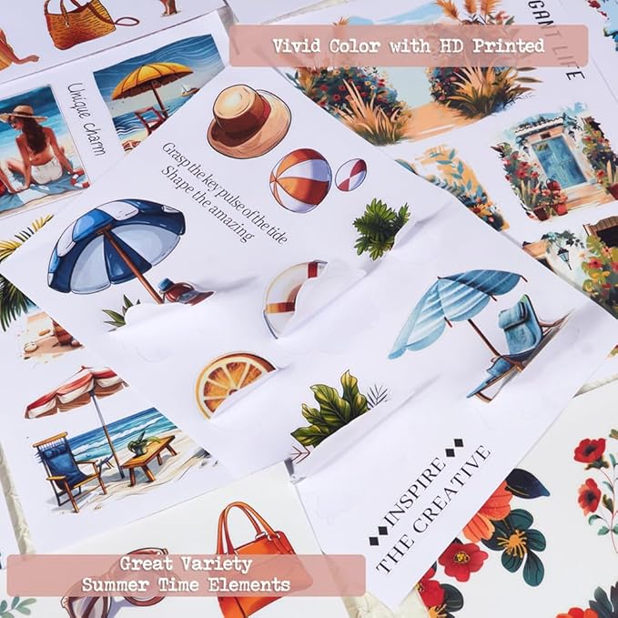 Dwpetzo Vintage Summer Landscape Pre-Cut Sticker Book for Junk Journaling, Dual Transparent PET and Writing Paper Materials, Collage Stickers for Scrapbooking Supplies, Planner, Card Making, Bujo