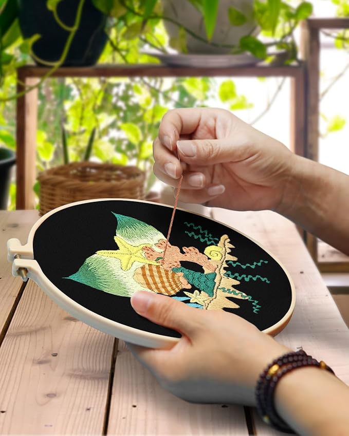 TINDTOP 4 Pack Embroidery Kit for Adult Beginners, Embroidery DIY Starter Kit, with Ocean Shell Stamped Patterns, Hoop, Tools, Colorful Threads with Needles, Instructions