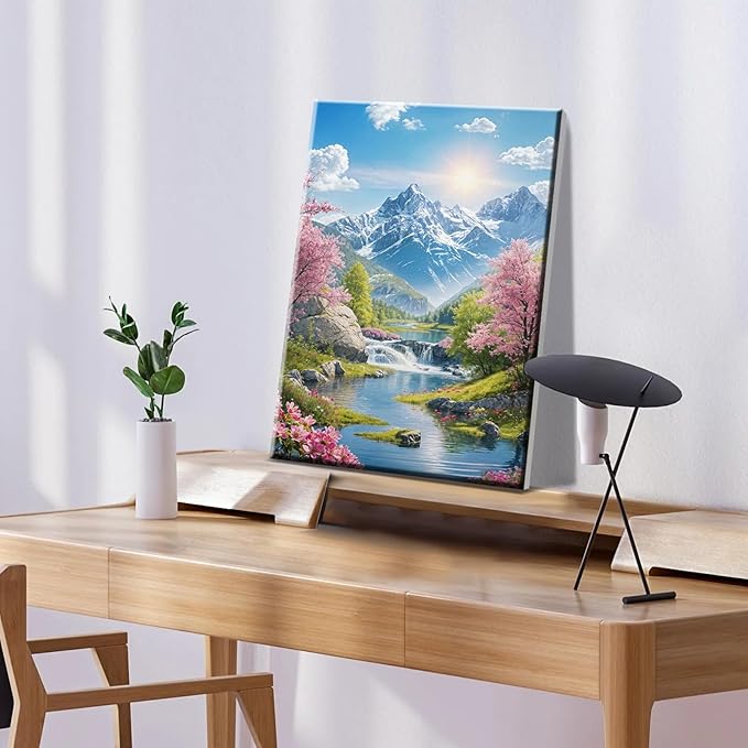 ATDMS Paint by Numbers Kits for Adult with Frame DIY Mountain Paint by Number with Easel Acrylic Sunset Oil Painting by Number for Wall Hanging Home Room Decor 7.87x11.81 Inch