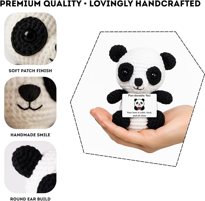 Handmade Mini Positive Crochet Animals Customizable Card Set with Positive Messages Emotional Support Crochet Birthday Gift for Woman Men Her him Motivational Desk Decor (Panda - Love)