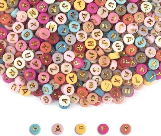 sutoug 1000pcs colourful letter beads for threading, 4 x 7 mm acrylic round beads for jewellery diy making crafts bracelets necklaces ornaments-gold