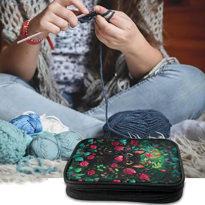 Hechitok Black Cat Heart Rose Crochet Hook Case Zipper Storage Organizer Bag with Pockets for Various Crochet Needles/Knitting Accessories/Crochet Hook Kit Tools