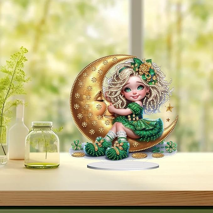 DIY Dot Diamond Desktop Easter Creative Ornaments Diamond Art Painting by Number Embroidery Arts and Crafts Easter for Home Office Garden Decoration (Single Side Dot Diamond)-Crescent Moon