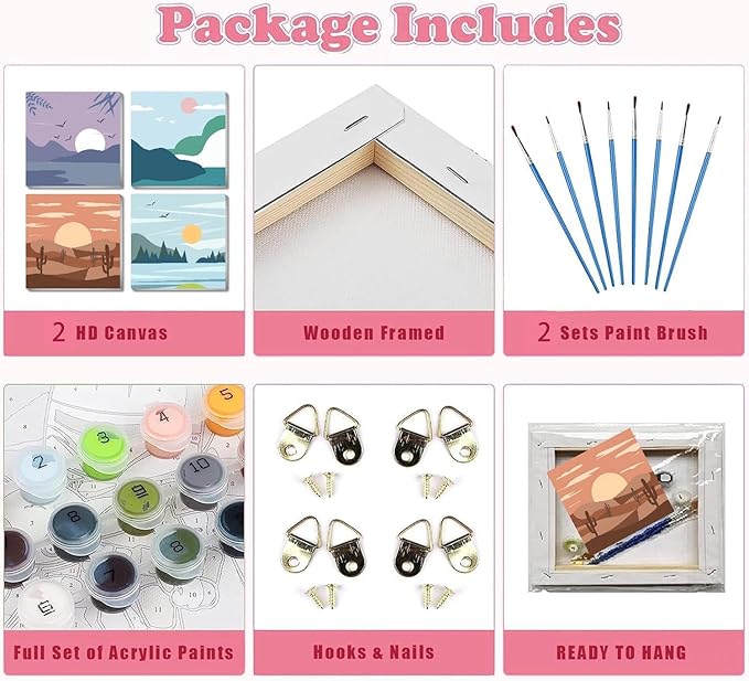 Fotasmua 4 Pack Framed Paint by Number Kits for kids Sunset, DIY Landscape Paint by Numbers Kits for Adults on Canvas, Easy Acrylic Oil Painting for Kids & Adults Beginners for Wall Decor (8 x 8 Inch)