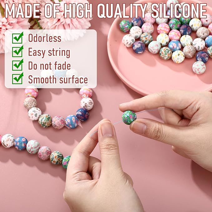 Ferreve 60 Pcs 15mm Silicone Beads Bulk Spring Ditsy Floral Print Round Focal Beads Rubber DIY Silicone Loose Bead for Bracelet Making Kit for Keychain Pens Necklace Bracelets Jewelry Making