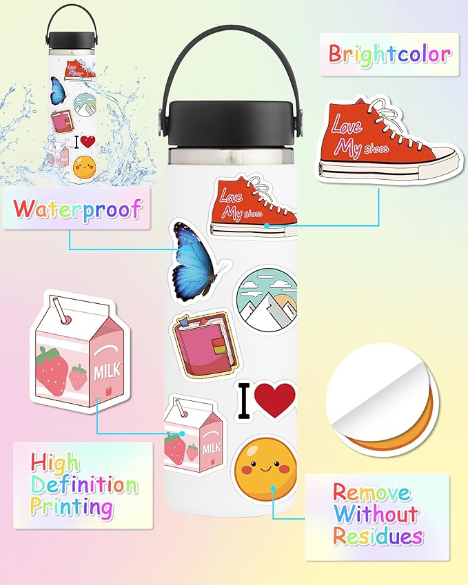 100 pcs stickers for kids, cute water bottle vinyl waterproof laptop stickers for students gifts school supplies classroom teacher prizes sticker pack for kids girls teens