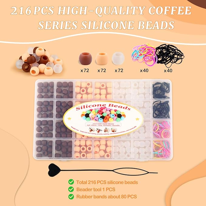 AD Beads 216PCS 6x9mm DIY Soft Pony Silicone Beads for Hair, Coffee Series with 80 Elastic Bands, Tool and Storage Box Kit for Braids, Bracelet, Crafts.
