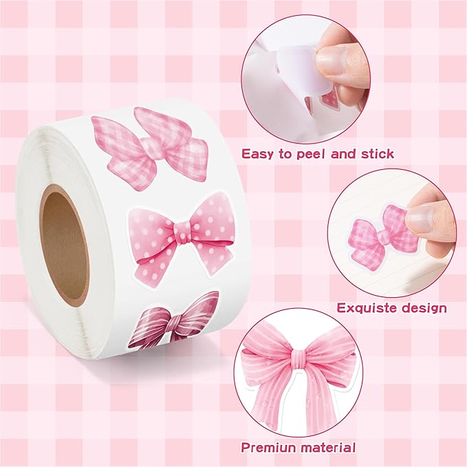 beyumi pink bows sticker roll - 1000pcs coquette pink bows stickers in 2 rolls waterproof vinyl girly aesthetic decal for gift laptop bottle scrapbooking luggage computer envelope decor for kids