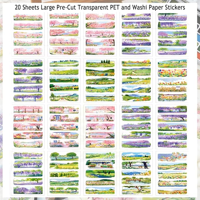 Journal Sticker Book for Junk Journaling, Transparent PET Seasons Landscape Stickers for Scrapbook Supplies, Scrapbooking, 20 Large Pre-Cut Stickers Sheets 9.25 x 6.62 inches