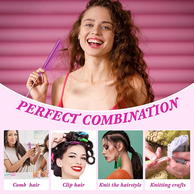 8 Pcs Hair Crochet Hooks Set with Accessories Include 2 Plastic Crochet Needle Hooks 4 Alligator Hair Clip and 2 Rat Tail Comb Tool Kits for Braiding, Extension