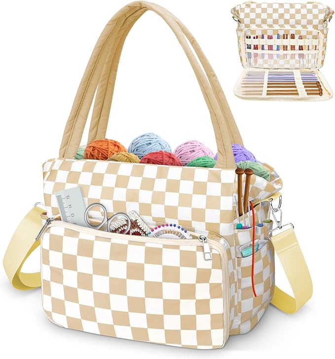 DALINDA Crochet Bag Organizer,Yarn Bag and Tote- Yarn Storage with Multiple Pockets for Crochet Supplies, Knitting Bag for Gifts,Portable & Durable (Brown Plaid)