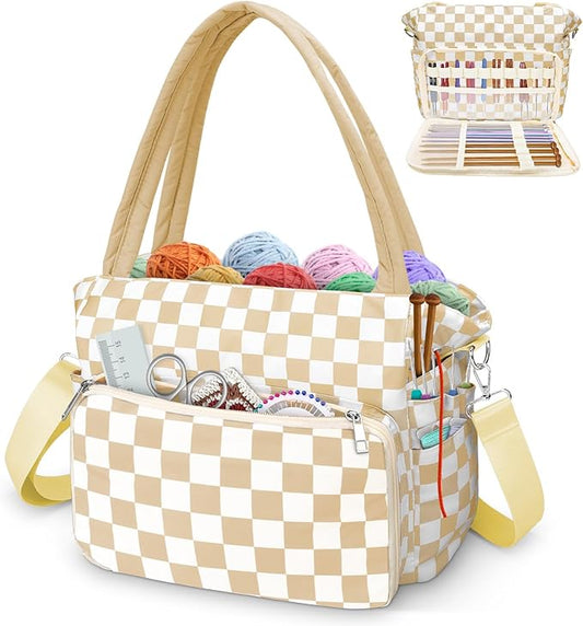 DALINDA Crochet Bag Organizer,Yarn Bag and Tote- Yarn Storage with Multiple Pockets for Crochet Supplies, Knitting Bag for Gifts,Portable & Durable (Brown Plaid)