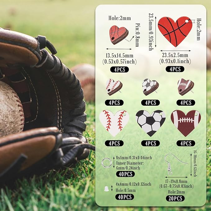 Beadthoven Wood Earrings Making Kit Sports Love Heart Shape Wood Pendants with Stud Earrings Printed Sport Ball Dangle Earring Charms Earring Hooks Jump Rings Ear Nuts for Jewelry Making Sport Lover