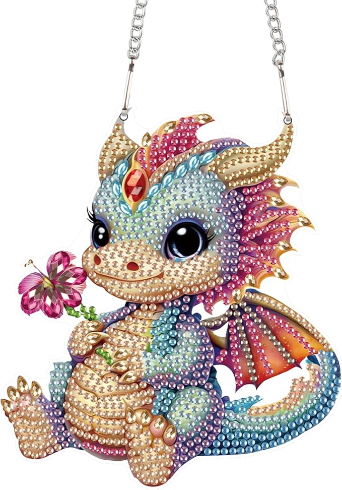 Cute Dragon Diamond Art Kits for Adults Hanging Sign, Special Shaped Diamond Painting Pendant Suncatcher, DIY 5D Crystal Rhinestone Dragon Diamond Art Ornament for Wall Door Window Home Decoration