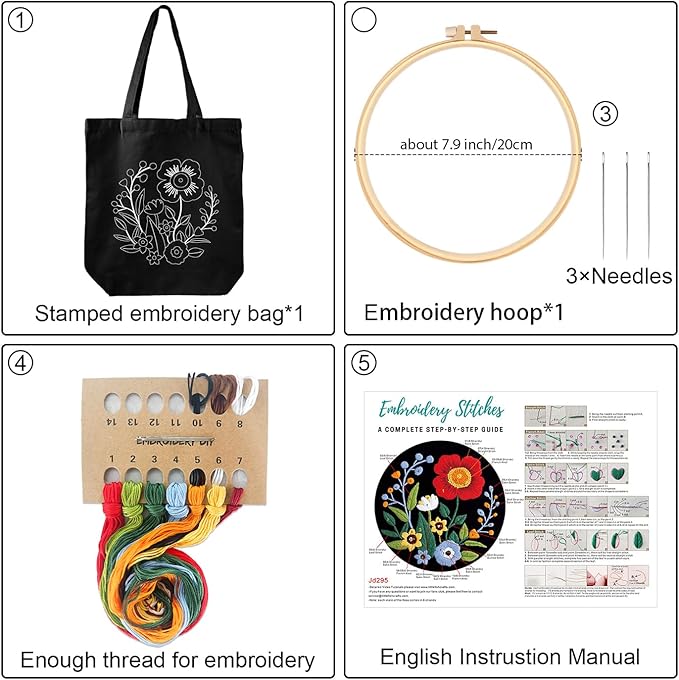 Louise Maelys Embroidery Kits Canvas Tote Bag for Beginners,Cross Stitch Kit for Adults,DIY Crafts and Arts Needlepoint with Florals Pattern,Women Shopping Reusable Grocery Bags