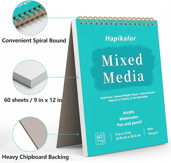 sketch book mixed media pad - 9" x 12" top spiral bound sketch pad, 60 sheets 98lb/160gsm acid-free drawing paper, art supplies sketchbook for drawing, sketching