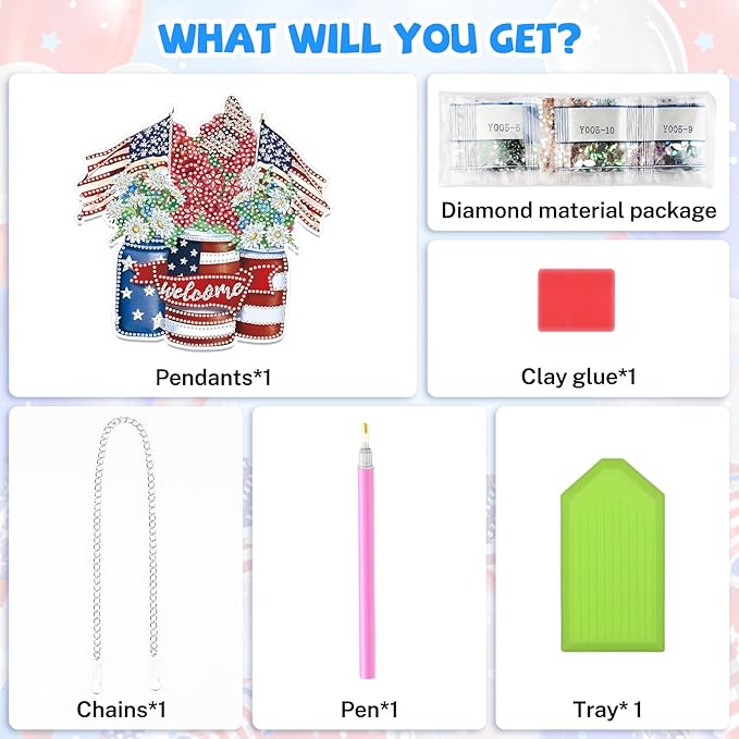 Bowetile Independence Day Diamond Art Hanging American Flag Kits for Adults, 4th of July 5D Diamond Painting USA Window Pendant Kits, Special Shape Gem Art Suncatcher Ornament for Home Wall Decor