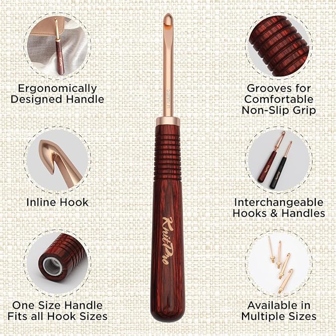KnitPro Oasis Chunky Crochet Set - 1 Wooden Handle, 7 Hooks in Sizes 5.5mm to 10mm, 1 Rose Gold Scissors, 1 Tape Measure, 10 Metal Locking Stitch Markers, 1 Gripper