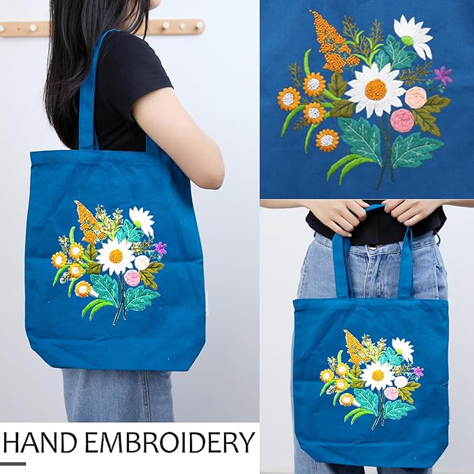 Canvas Tote Bag Embroidery Kit with Pattern for Beginners, Arts and DIY Embroidery Crafts Kits for Adults, Instructions, thimble, Embroidery Hoops, Color Threads (darkblue, CR002 chenhuicaoxin)